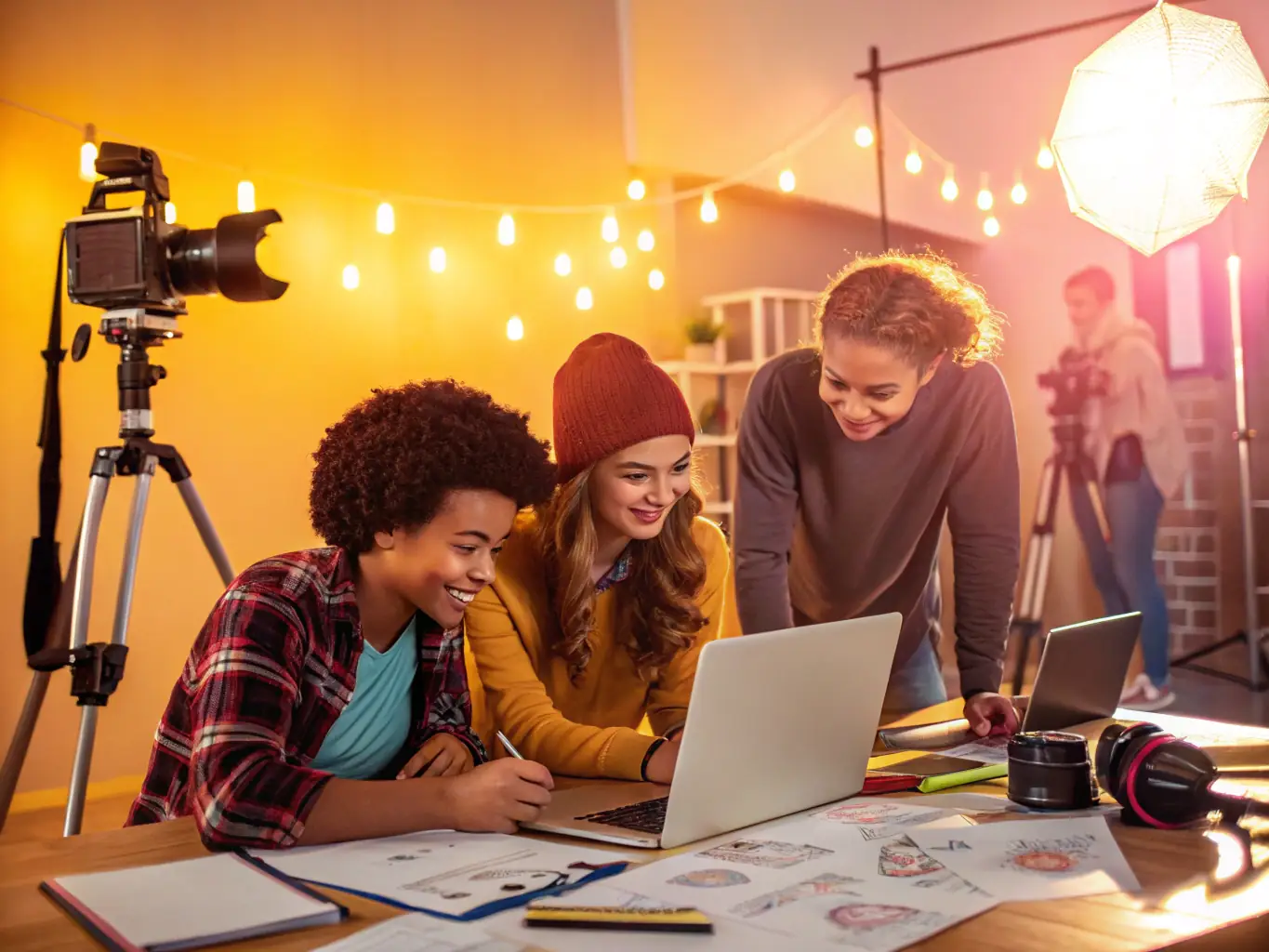 A photograph capturing a collaborative workshop session where artists from different disciplines are brainstorming and creating together, showcasing the interdisciplinary nature of LET'S CULTIVATE THE ESSENTIAL's programs.