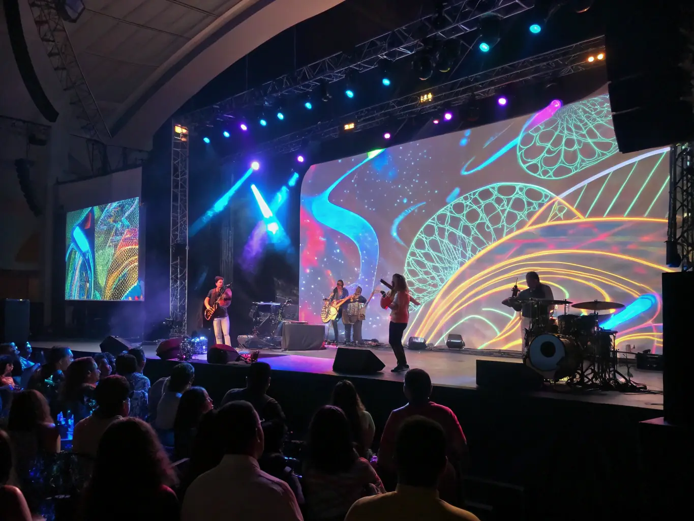 A vibrant photograph capturing a live interdisciplinary performance featuring dancers, musicians, and visual artists collaborating on stage, showcasing the dynamic energy and artistic fusion promoted by LET'S CULTIVATE THE ESSENTIAL.