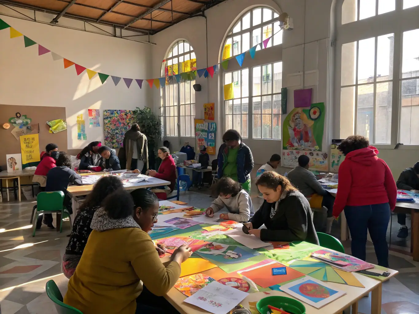 A photograph of a community workshop led by LET'S CULTIVATE THE ESSENTIAL, showing participants actively engaged in a creative activity, highlighting the organization's commitment to cultural access and community engagement.