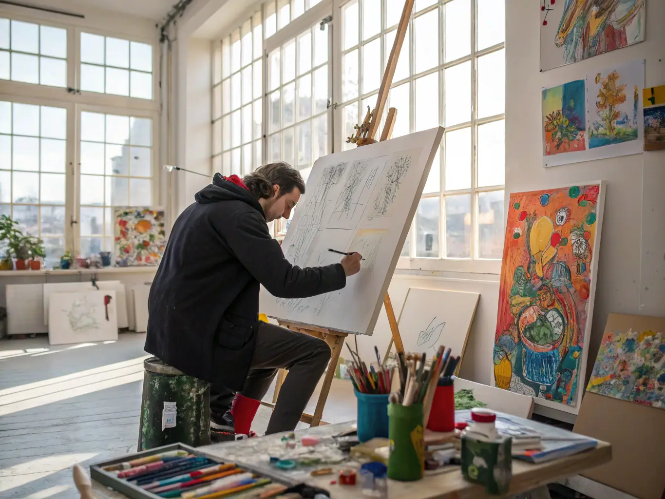 A photograph of a grant recipient artist working on a new performance piece, showcasing the support provided by LET'S CULTIVATE THE ESSENTIAL to emerging and established artists in the Centre-Val de Loire region.